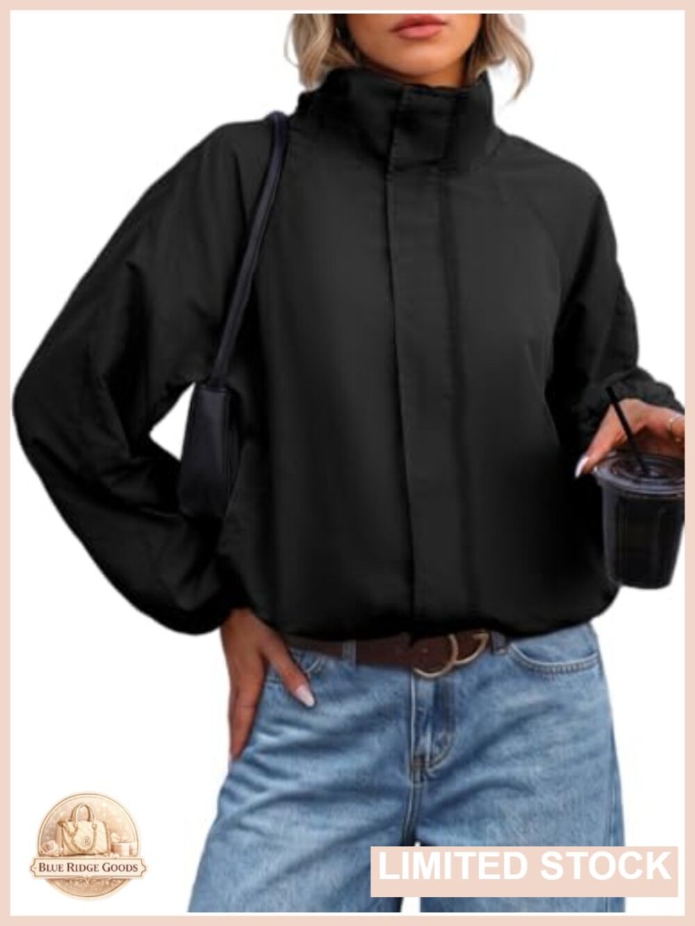 Funnel Neck Windbreaker Zip Up Jacket Pleated Cuffs Adjustable Hem Lightweight